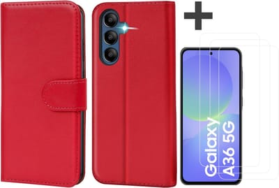 Hoesje met 3 Stuks Screenprotectors Geschikt voor Samsung Galaxy A36 – Arara bookcase met pasjeshouder - Rood