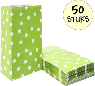 50x Lichtgroene Uitdeelzakjes Met Stippen - 13x8x24cm - Stevig Papier - Traktatie Zakjes - Papieren Zakjes - Cadeau Zakjes - Met Blokbodem - Lichtgroen - 50 Stuks