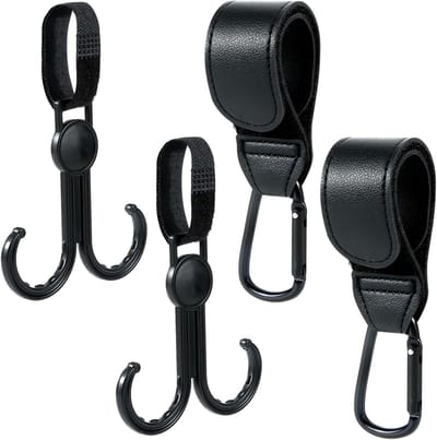Pram Hooks Set van 4 Stuks, Handige Haakjes voor Kinderwagens, Tas Houder en Winkelaccessoire (Zwart)