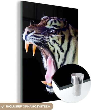 MuchoWow® Glasschilderij 120x160 cm - Schilderij acrylglas - Tijger - Tanden - Portret - Foto op glas - Schilderijen