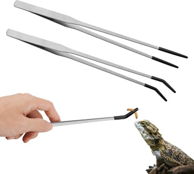 2 stuks roestvrijstalen voederklemmen voor reptielen, met rubberen uiteinden, 10,6 inch rechte en gebogen lange pincetten, geschikt voor aquaria of handwerk, accessoires voor agamiskinkels, slangenkooien en ecologische bakken.