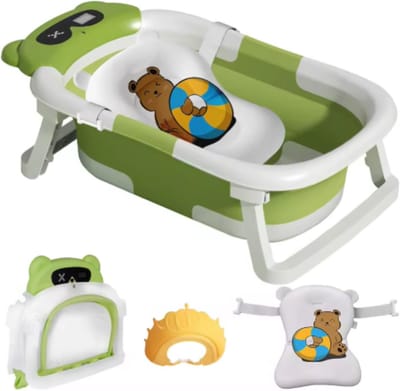 Babybadje - Groen - Temperatuurweergave - Baby bad met standaard - Zitbad - Kinderbad - Opvouwbaar