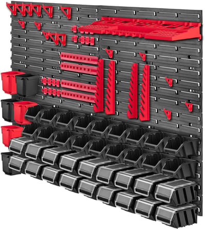 KADAX Werkplaatswandrek, 116 x 78 cm, opslagsysteem van robuust kunststof, uv-bestendig werkplaatsrek, uitbreidbare wandplaten, opbergrek voor garage, rood en zwart, 83 stuks