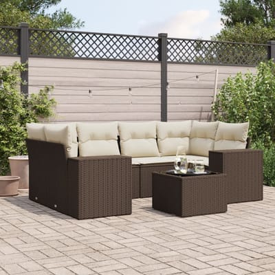 vidaXL - 7-delige - Loungeset - met - kussens - poly - rattan - bruin