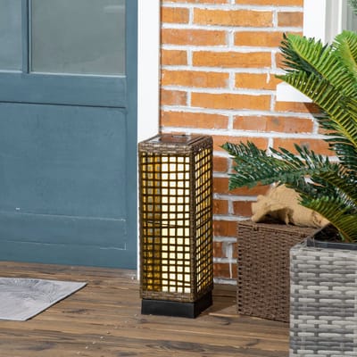 STILVORA Sokkellamp – 15,5 x 15,5 x 46 cm – Solar LED Met Dag En Nacht Sensor – Kunststof in Rattanlook – Sand – Voor Tuin en Terras