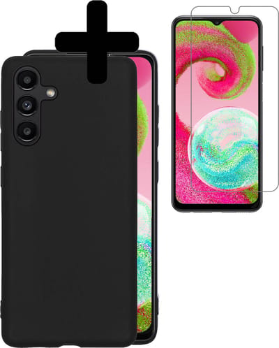 Hoesje - Met Screenprotector - Geschikt voor Samsung Galaxy A04s - Sterk & Shockproof - Back Cover - Siliconen Case - Telefoon Hoes - Telefoonhoesjes - Zwart