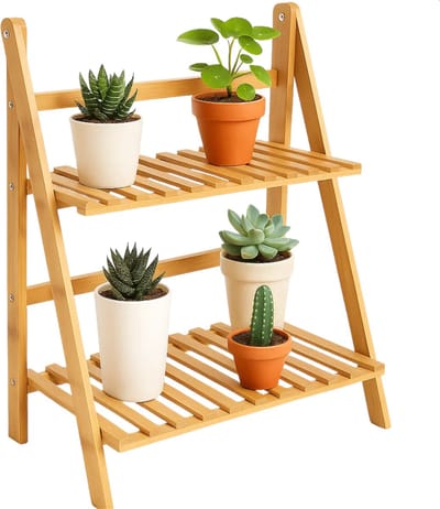 Cheqo® Bamboe Plantenrek - Plantenstandaard Bamboe - 2-Laags Plantenrek - Bamboe Materiaal - Plantenrek Binnen - Compacte Afmetingen - Lichtgewicht Ontwerp - Natuurlijke Uitstraling - Decoratief Plantenrek - Gelakt Bamboe