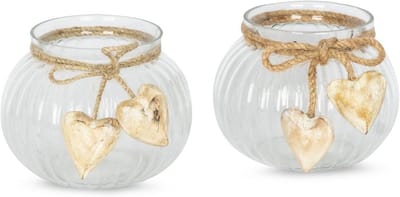 Windlichten Set - Theelichthouders Decoratie - Sfeerverlichting Creëren - Met Houten Hartjes - 13 x 10 x 13 cm - Glas