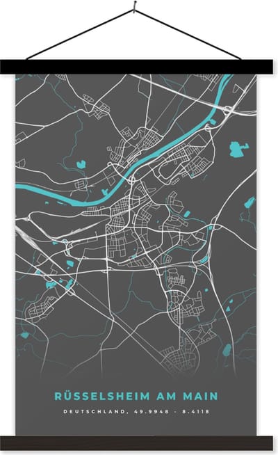 Posterhanger incl. Poster 40x60 cm - Schoolplaat - Blauw – Duitsland – Plattegrond – Stadskaart – Kaart – Rüsselsheim am Main - Textielposter - Zwarte latten - Stadskaart