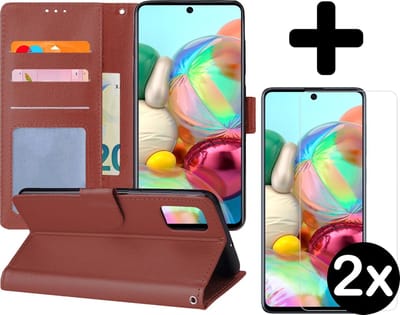 Hoesje - Met 2x Screenprotector - Geschikt voor Samsung Galaxy A71 - Luxe Pasjeshouder - Flip Case - Bookcase Portemonee - Kunstleer Book Case - Flipcase Hoes - Book Cover - Walletcase - Portemonneehoes - Telefoonhoes - Bruin