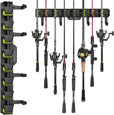 Garage Hengelhouder met Veerhandvat, Wandmontage Hengelrek, ABS Verticale Hengelhouder voor 8 Hengels tot 24mm Diameter - Ideaal voor Vissen en Organisatie