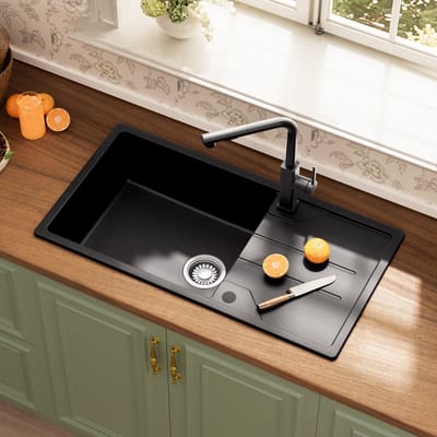 CECIPA max Spoelbak Keuken - Graniet Spoelbak 86x45CM Zwart - Spoelbakken Keuken- Spoelbakken Met Afdruip - Opbouw Spoelbak
