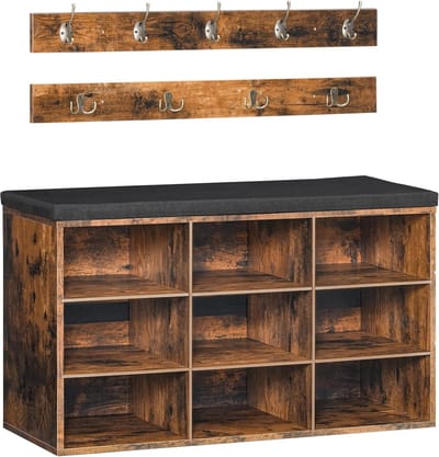Allecto Plus - Garderobe schoenenrek set met 9 vakken en gevoerde zitbank - Vintage bruin - Hal entree slaapkamer - Wandgarderobe met 9 haken