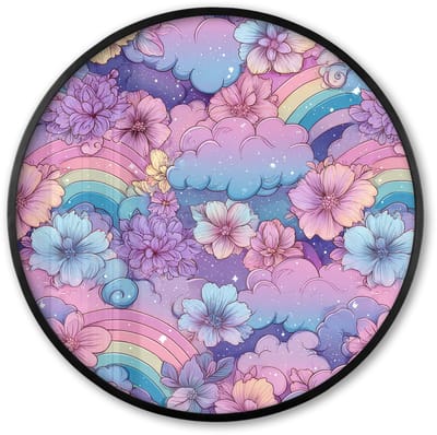 Poster in lijst Rond - Fotolijst 60x60 cm - Posters - Regenbogen - Bloemen - Kleurrijk - Wolken - Ronde posterlijst zwart - Decoratie - Wanddecoratie woonkamer - Muurdecoratie slaapkamer