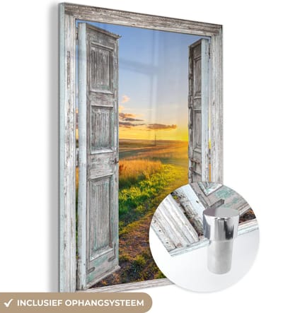 MuchoWow® Glasschilderij 30x40 cm - Schilderij acrylglas - Doorkijk - Platteland - Landschap - Zon - Foto op glas - Schilderijen