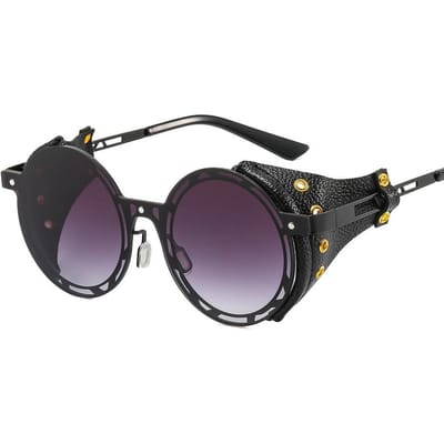 Surdimensionnées Pour Hommes Lunettes de Soleil Punk Pour Dames Alliage Lunettes Rondes Steampunk Cuir Lunettes de Vue Vintage Designer Oculos UV400 Gafas as picture gray