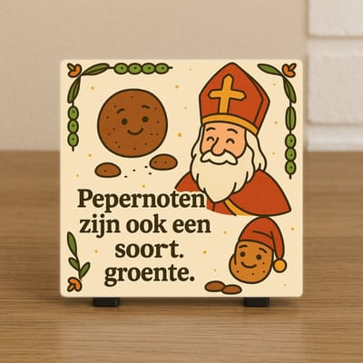 Spreuk Tegel 10,5x10,5cm – Sinterklaas Humor – Pepernoten zijn ook een soort groente – Decoratief Tegeltje met Standaard – Cadeau Idee