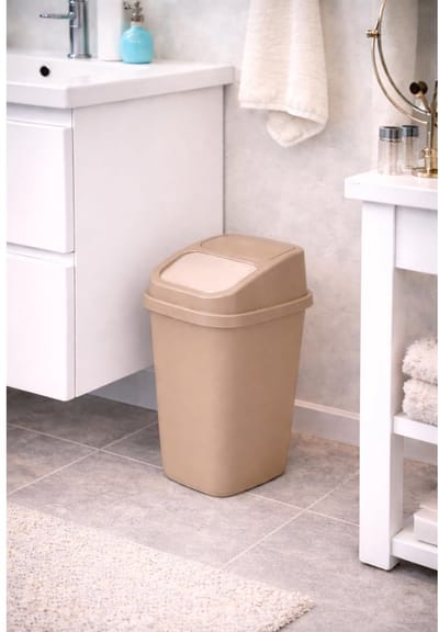 Afvalemmer Badkamer - Cosmetica Emmer - Hygiënisch Werken - Schommeldeksel Automatisch - 10 Liter Capaciteit - Beige
