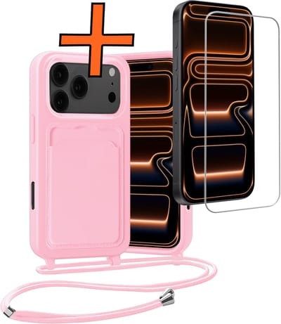 Hoesje Geschikt voor iPhone 17 Pro Max Hoesje Met Telefoonketting Pasjeshouder Case Met Screenprotector Koord - Hoesje Geschikt voor iPhone 17 Pro Max Hoes Met Kaarthouder - Lichtroze