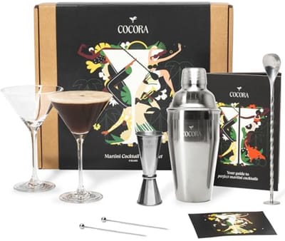 9-delig Cocktailset - RVS Cocktailshaker, Martini-Glazen, Cocktailboek en Luxe Verpakking