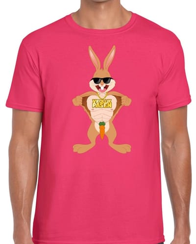 Paas thema t-shirt - Pasen - stoere paashaas - shirt voor heren - roze - Pasen funny homor kleding S