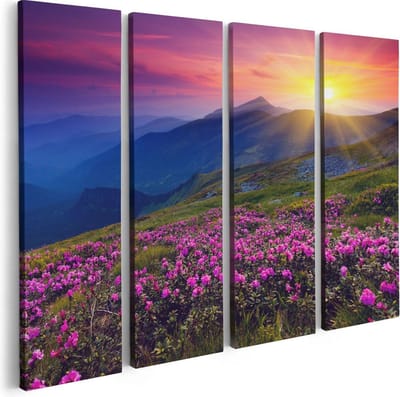 Artaza Canvas Schilderij Vierluik Roze Rhododendron Bloemenveld - Bergen - 80x60 - Foto Op Canvas - Canvas Print