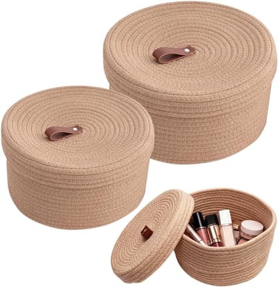 Set van 2 gevlochten katoenen opbergmanden met deksel, multifunctionele organizer voor snacks, make-up en meer, Ø 28 x 16,5 cm en Ø 23 x 12,5 cm, ideaal voor thuis en op kantoor
