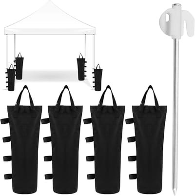 Set van 4 Zandzakken voor Gazebo, 50 x 15 cm, Ideaal voor Tentstabilisatie, Buitengebruik, Versterking voor Partytenten en Tuinparasols, Inclusief 4 Tentpinnen (Zwart)