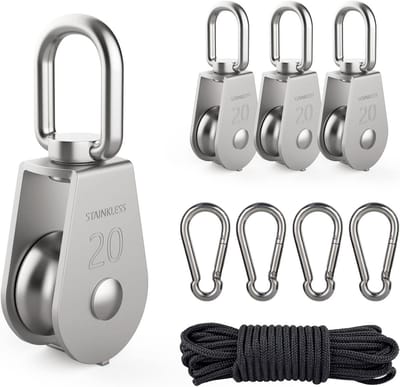 4 Stuks RVS Katrollen M20 Enkele Riemenschijf met Karabijnhaak en Nylon Touw