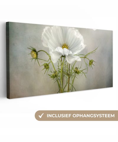 Canvas schilderij 40x20 cm - Wanddecoratie Bloemen - Stilleven - Klaproos - Wit - Botanisch - Muurdecoratie woonkamer - Slaapkamer decoratie - Kamer accessoires - Schilderijen op canvas