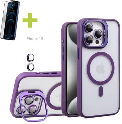 Standaards Hoesje voor iPhone 15, Compatibel met MagSafe Hoes, Acryl + TPU Case met Metaal Camerafolie, Transparant, Paars - Screenprotector