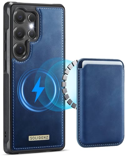 Solidenz Luxe Wallet geschikt voor Samsung Galaxy S25 Ultra hoesje - Magnetische Pasjeshouder - Geschikt voor MagSafe - Schokbestendig - Blauw