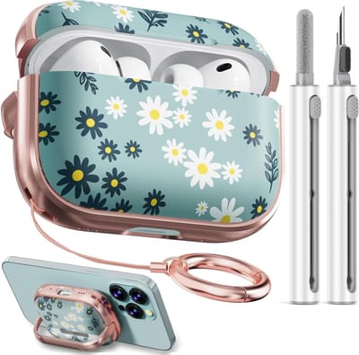 Florale Cute Case voor AirPods Pro 3 (2025) in Groen met Daisy, Inclusief Schoonmaakset en Sleutelhanger voor Vrouwen en Meisjes