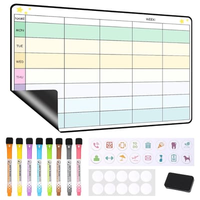 SNJY® Weekplanner Whiteboard - Familie Weekplanner - Weekplanner Magnetisch - Inclusief 8 Markers & Spons - 42B x 28H cm - Wit