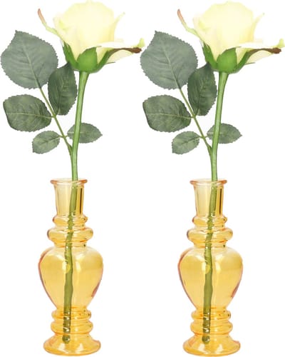 Ideas 4 Seasons Bloemenvaas Venice - 2x - voor kleine stelen/boeketten - gekleurd sierglas - helder okergeel - D5.7 x H15 cm