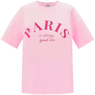 Oversized Cotton Vrouwen T-shirt met 'PARIS' Tekstprint - Roze - Maat S