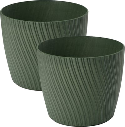 Form Plastic Plantenpot/bloempot Waves - 2x - kunststof - donkergroen - D23 x H20 cm - rond