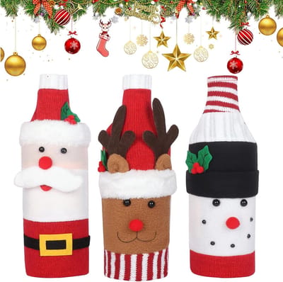 Kerst wijnfleshoezen met Santa patroon - 3 stuks, feestelijke wijnflescovers voor kerst, cadeauverpakking en tafeldecoratie voor het kerstdiner