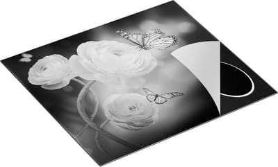 Chefcare Inductie Beschermer Twee Roze Vlinders bij Roze Rozen - Zwart Wit - 60x50 cm - Afdekplaat Inductie - Kookplaat Beschermer - Inductie Mat