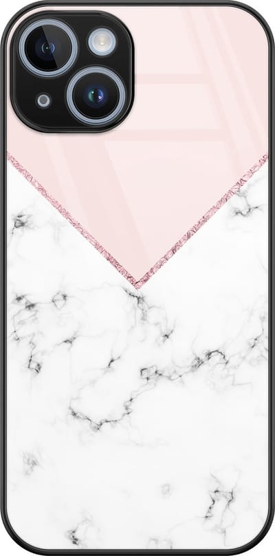 Hoesje geschikt voor iPhone 14 - Marmer roze grijs - Luxe Glazen Hardcase - Marmer - Roze - Leuke Telefoonhoesjes