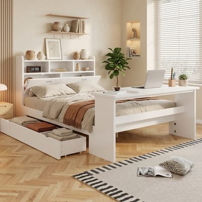 FloraGrace Bed 140x200 cm - Met Opbergruimte en Verstelbare Klaptafel - Hoofdbord met Opbergrek - Zonder Matras - Tienerkamer - Hout - Wit