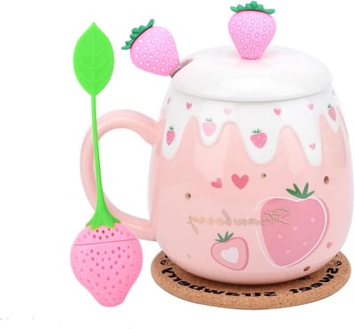 Schattige aardbeienmok met deksel en lepel, keramische koffiemok, Kawaii theekop voor vrouwen en meisjes, 450ml, ideaal als cadeau voor kerst of verjaardag