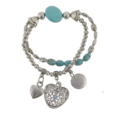 Behave Armband - zilver kleur - blauw - hangers - hartje - dames - elastisch - 17 cm