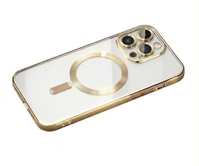 Transparant goudkleurig telefoon hoesje met metallic randen – geschikt voor iPhone 13 Pro Max MagSafe – luxe backcover met MagSafe ring en camera bescherming