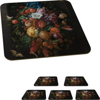 Onderzetters voor glazen - Festoen van vruchten en bloemen - Schilderij van Jan Davidsz. de Heem - 10x10 cm - Glasonderzetters - 6 stuks