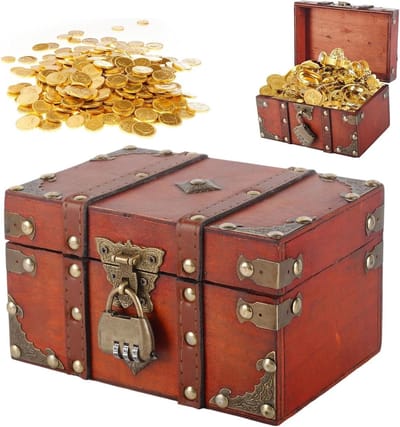 Piratenkluis voor Kinderen, Houten Schatkist met Combinatieslot, Vintage Sieraden- en Spaarbox voor Verjaardagen, Opbergruimte en Decoratie (18 x 11 x 10 cm, Rood)