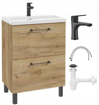 Basin Cabinet 60 x 80 cm with Washbasin – Functional Oak Craft Bathroom Cabinet with Soft-Close Drawers