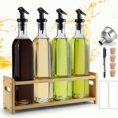ML 29. Een set olie dispensers (4x500 ml) met rekken - olieflessen met schenktuiten - zwarte labels inbegrepen - transparante glazen olie flessenset,