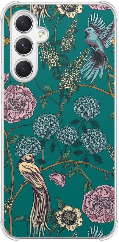 Hoesje (shockproof) geschikt voor Samsung Galaxy A54 - Vogels Japanse bloemen - Extra sterke case - TPU/polycarbonaat - Bloemen - Groen, Transparant
