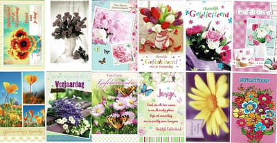 12 Felicitatie wenskaarten - Bloemen - 16x11cm - Gevouwen kaarten met enveloppen